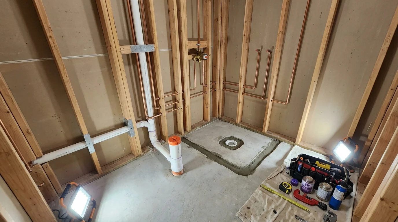 Bathroom rough-in plumbing during remodel by Johns Plumbing LLC in Tupelo