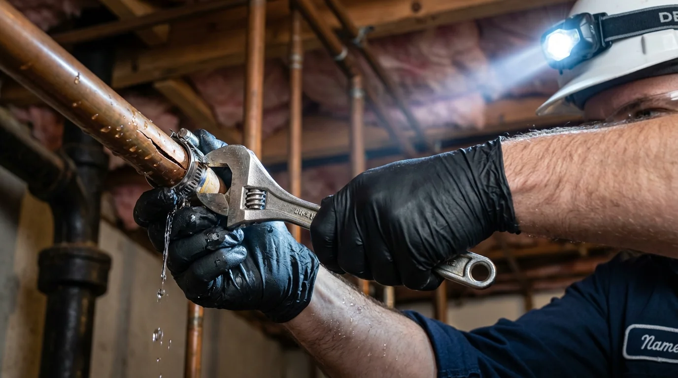 Emergency pipe clamp repair being performed by a Johns Plumbing LLC plumber in Tupelo