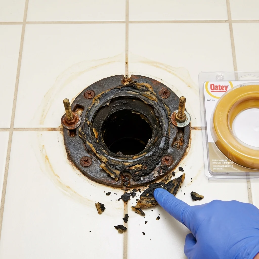 Failed wax ring showing water seepage at the base of a toilet in a Tupelo, MS home
