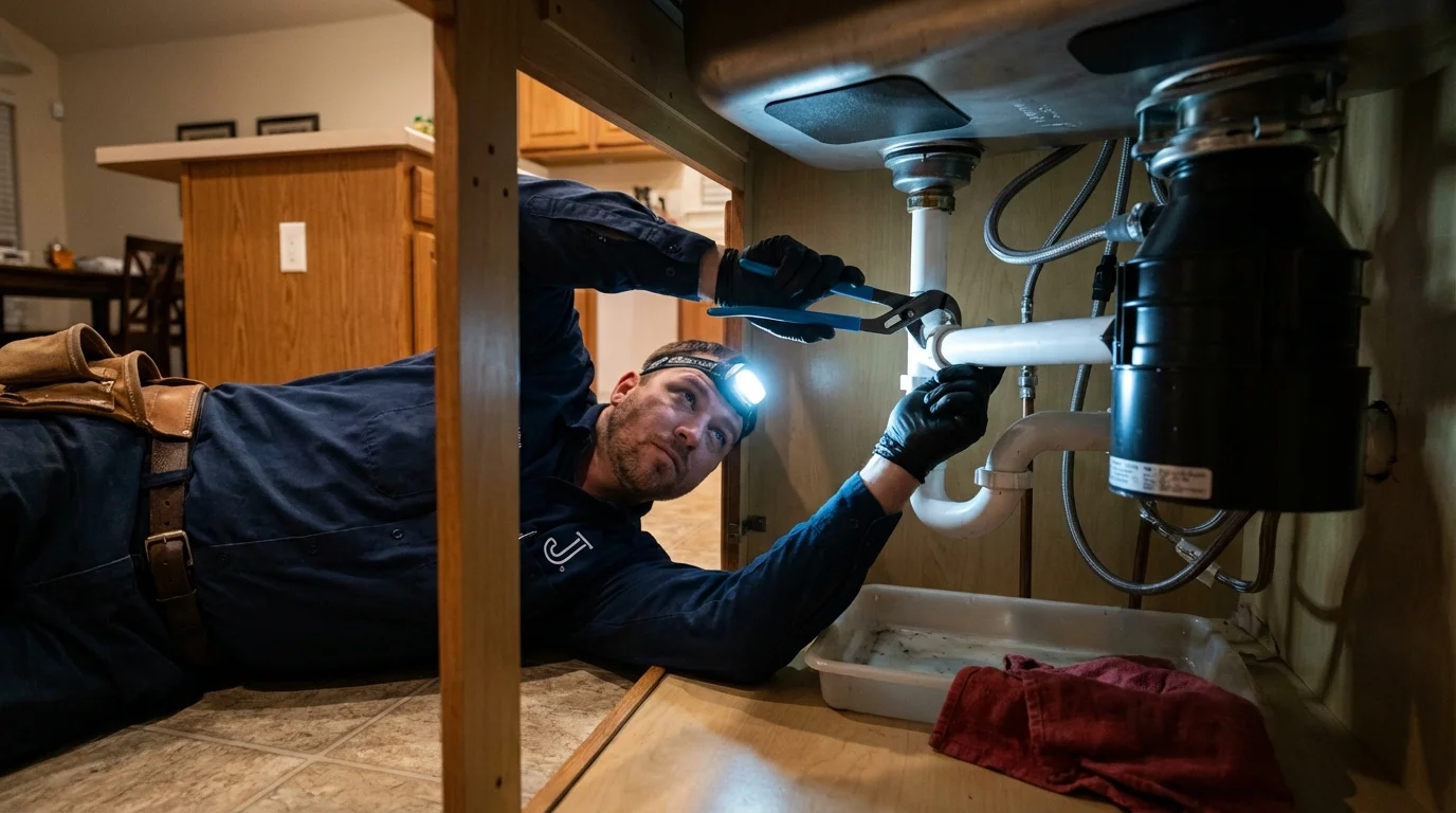 P-trap and supply line connections under a kitchen sink showing a common leak point in Tupelo, MS